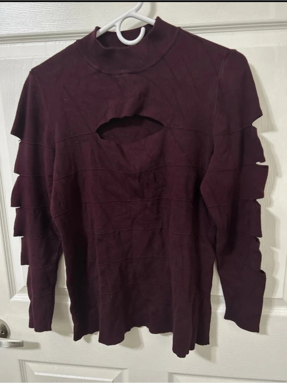 Jennifer Lopez Deep Plum Cutout Tiered-Sleeve Mock Neck Top